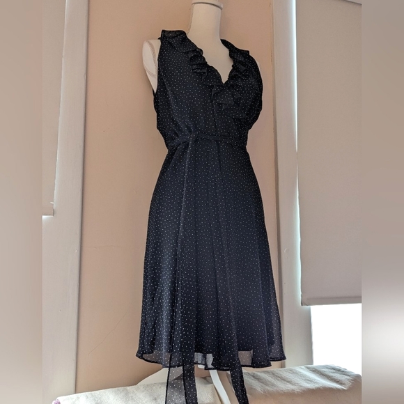 Chaps black polkadot dress wrap style ruffle collar tie sash belt NWT sz 6 - Picture 15 of 15